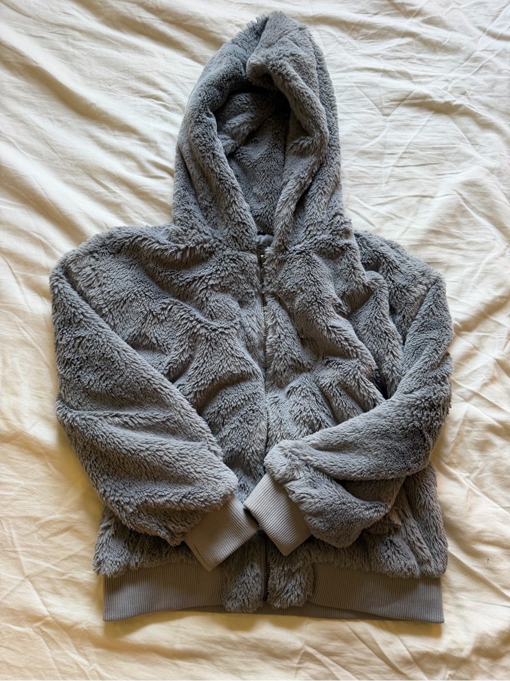Lucky Brand Gray Faux Fur Zip Hoodie Jacket Plush Sherpa Cozy Hooded Sweater M